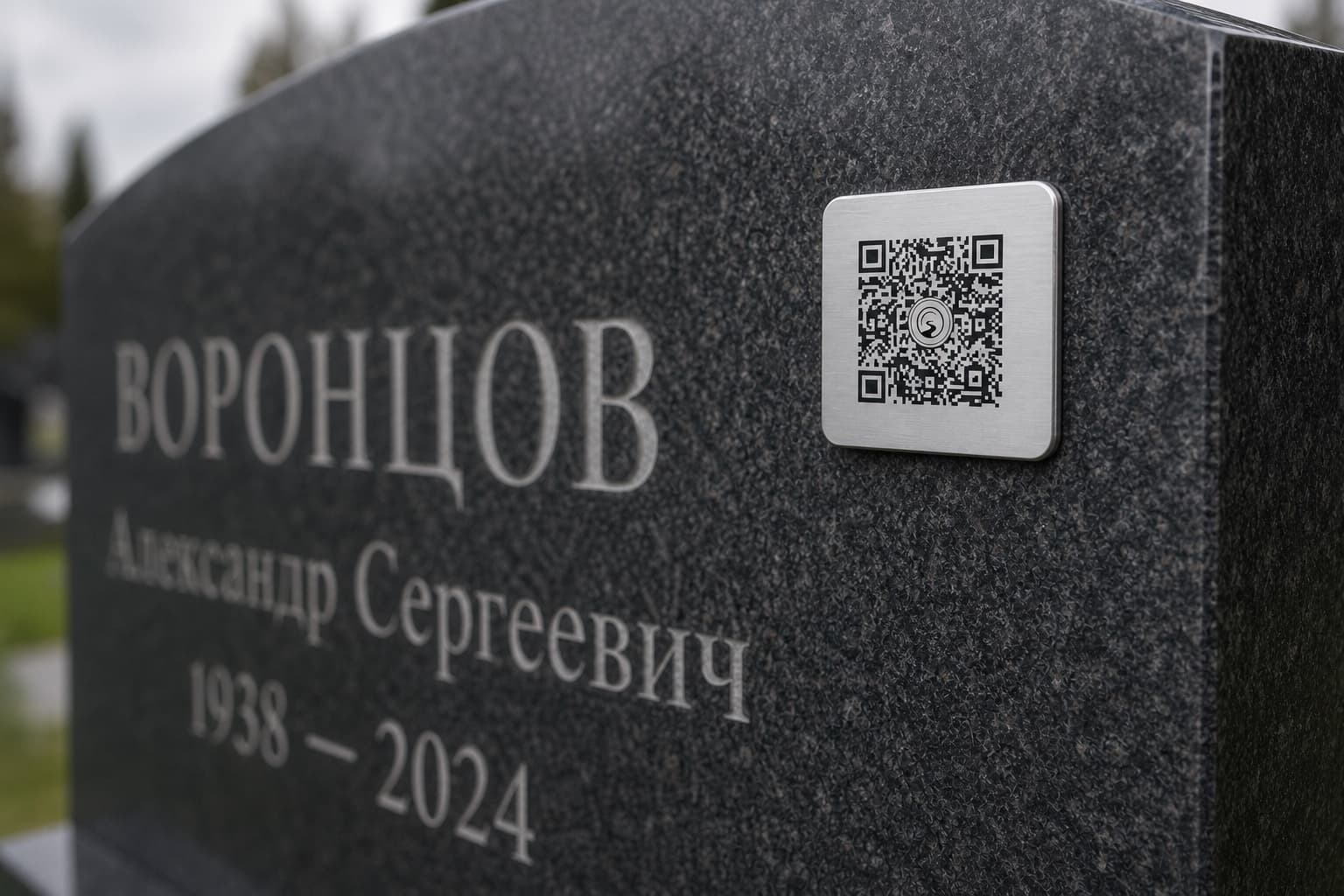 Серебристая QR-табличка Serenis на памятнике