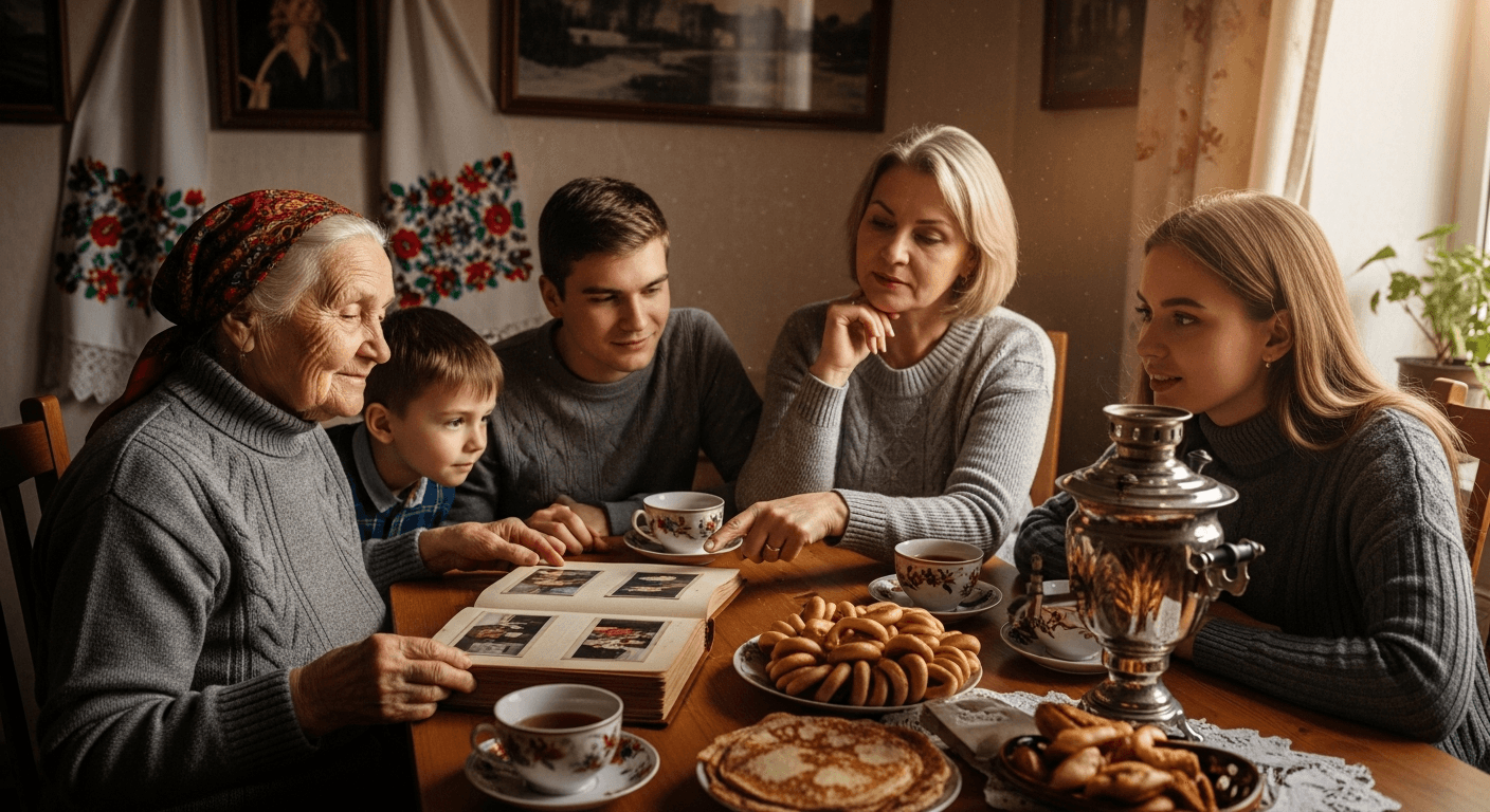 Семья рассматривает старый фотоальбом за общим столом